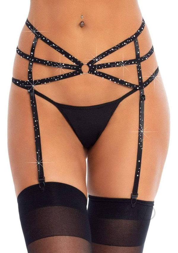Leg Avenue Strappy Elastic Rhinestone Garter Belt OS Black featuring hand-laid rhinestones and silver O-ring details.