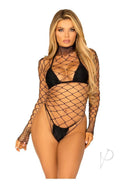 Leg Avenue High Neck Fence Net Long Sleeved Bodysuit Black worn by model showcasing bold, edgy fashion.
