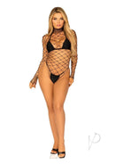 Leg Avenue High Neck Fence Net Long Sleeved Bodysuit Black displayed on a model in a bold black net design.