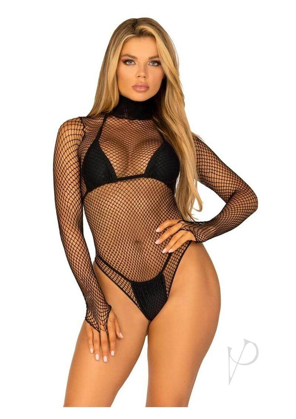 Leg Avenue Fishnet High Neck Long Sleeved Bodysuit OS Black worn by model, showcasing seductive design and flattering fit.