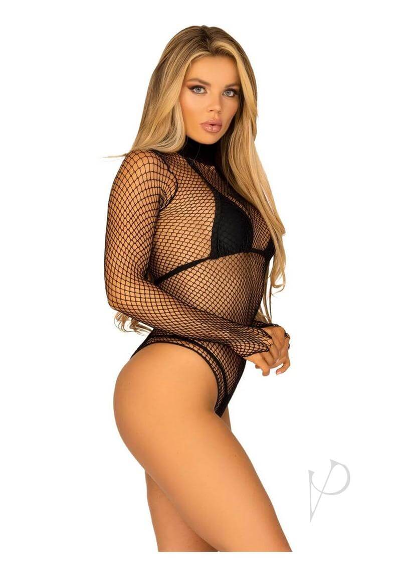 Leg Avenue Fishnet High Neck Long Sleeved Bodysuit OS Black on model, showcasing alluring design and fit.