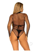 Leg Avenue Fishnet High Neck Long Sleeved Bodysuit OS Black displayed from the back in a seductive fishnet design.