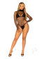 Leg Avenue Fishnet High Neck Long Sleeved Bodysuit OS Black worn by a model, showcasing its seductive design and fit.