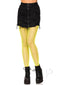 Woman in neon yellow fishnet tights and a black mini skirt, showcasing stylish hosiery by Leg Avenue.