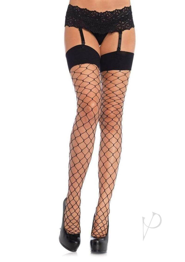 Leg Avenue Spandex Fence Net Stockings OS Black worn with lingerie, featuring a modern fence net design and thigh-high style.