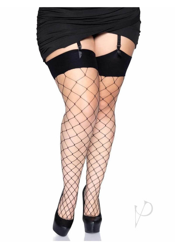 Leg Avenue Spandex Fence Net Stockings 1X 2X Black worn with a black dress and heels, featuring a bold fence net pattern.