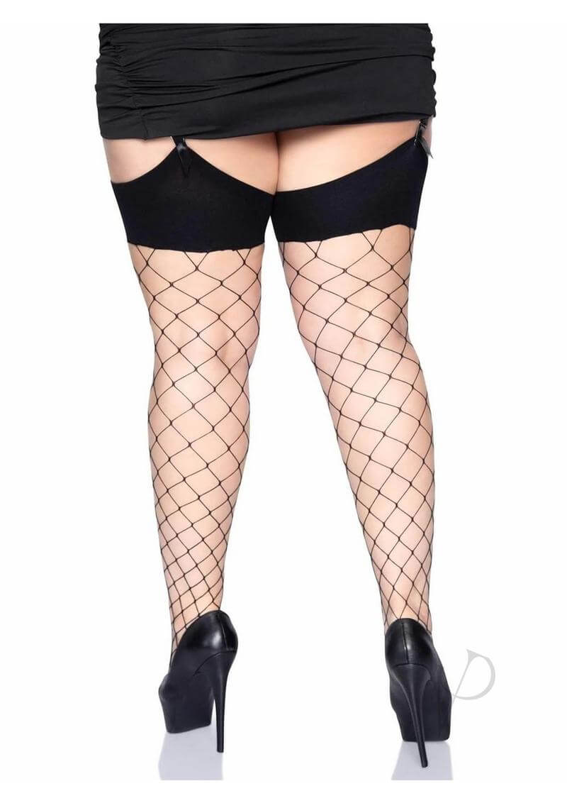 Leg Avenue Spandex Fence Net Stockings 1X 2X Black displayed on a model showing the back view with a daring fishnet pattern.