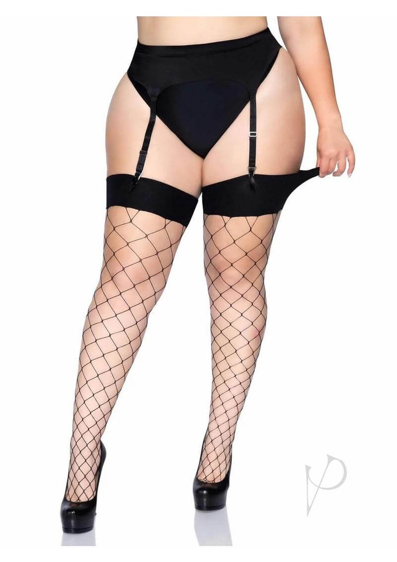 Leg Avenue Spandex Fence Net Stockings 1X 2X Black shown worn with a garter belt and high heels, perfect for plus-size figures.