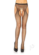 Leg Avenue Crystalized Fishnet Suspender Pantyhose Black showcasing a daring fishnet design with sparkling accents.