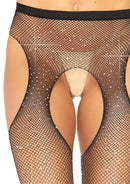 Leg Avenue Crystalized Fishnet Suspender Pantyhose Black featuring sparkly crystal accents in a fishnet design.