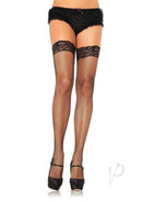 Leg Avenue Stay Up Fishnet Lace Top Thigh High Plus Size Black stockings on model showing stylish fit and lace detailing.