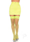 Leg Avenue Spandex Industrial Net Thigh Highs OS Neon Yellow worn with a short denim skirt, showcasing vibrant color and lace top.