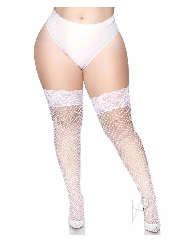 Leg Avenue Spandex Industrial Net Thigh Highs 1X 2X White showcasing wide net pattern and floral lace top.