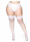 Leg Avenue Spandex Industrial Net Thigh Highs 1X 2X White showcasing wide net pattern and floral lace top.