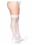 Leg Avenue Spandex Industrial Net Thigh Highs 1X 2X White with lace top worn with high heels