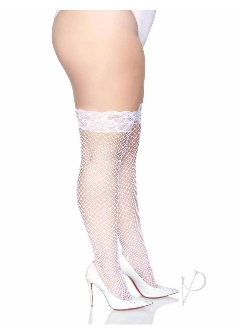 Leg Avenue Spandex Industrial Net Thigh Highs 1X 2X White with lace top worn with high heels