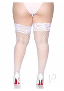 Leg Avenue Spandex Industrial Net Thigh Highs 1X 2X White showcasing a wide net pattern and floral lace top.