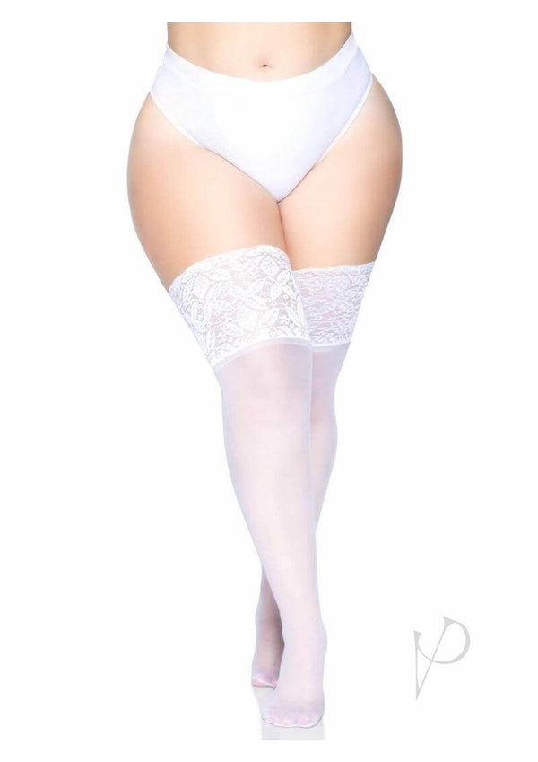 Leg Avenue Lycra Sheer Stay Up Thigh High Plus Size White on model, featuring intricate lace detailing and breathable micro-net material.
