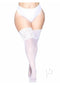 Leg Avenue Lycra Sheer Stay Up Thigh High Plus Size White on model, featuring intricate lace detailing and breathable micro-net material.