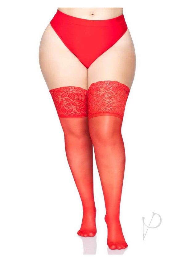 Leg Avenue Lycra Sheer Stay Up Thigh High Plus Size Red on a model showcasing elegant lace detail and a silicone-reinforced top.
