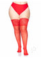 Leg Avenue Lycra Sheer Stay Up Thigh High Plus Size Red on a model showcasing elegant lace detail and a silicone-reinforced top.