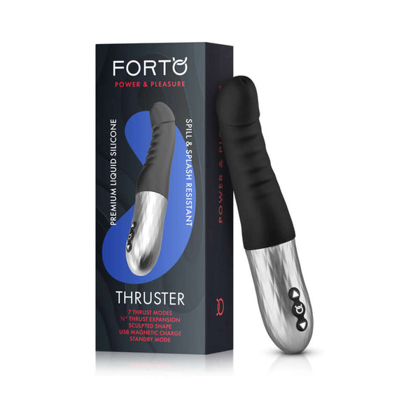 Forto Thruster Silicone Thrusting G Spot Vibrator Black with packaging, showcasing premium liquid silicone design.