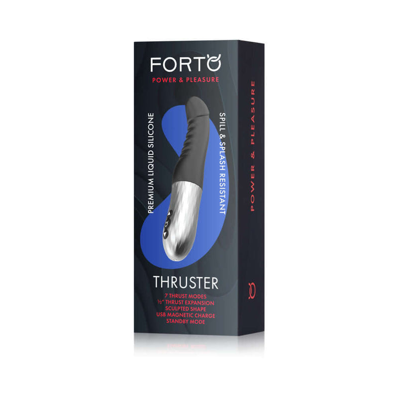 Forto Thruster Silicone Thrusting G Spot Vibrator Black packaging with sleek design and features.