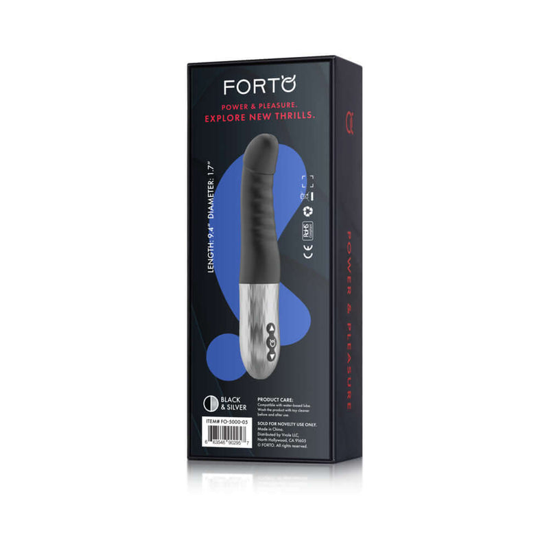Forto Thruster Silicone Thrusting G Spot Vibrator Black packaging with product details