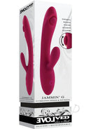 Evolved Jammin G Rechargeable Silicone Rabbit Vibrator Red in packaging showcasing its features.