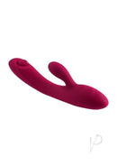 Evolved Jammin G Rechargeable Silicone Rabbit Vibrator Red showcasing its dual-shaft design and vibrant color.