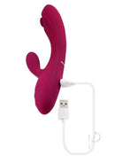 Evolved Jammin G Rechargeable Silicone Rabbit Vibrator Red charging with USB cable.