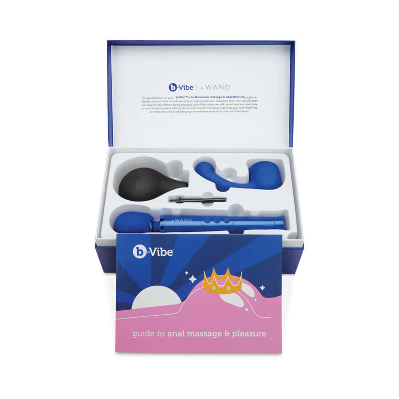 b Vibe Anal Massage and Education Set Blue with toys and guide for exploration.