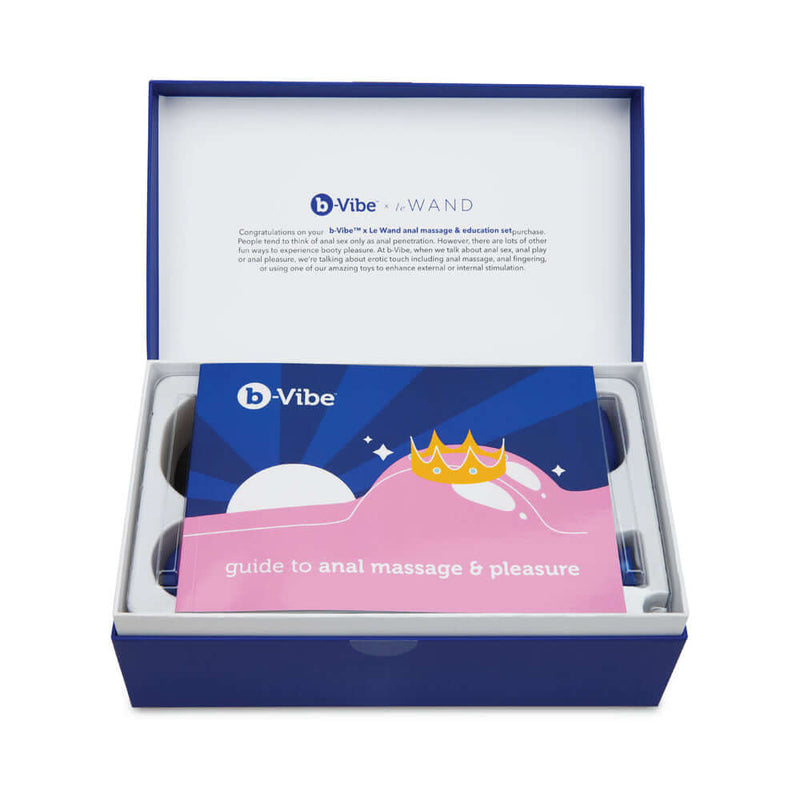 b Vibe Anal Massage and Education Set Blue opened box showcasing guide to anal massage and pleasure.