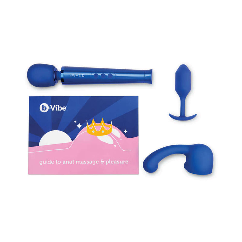 b Vibe Anal Massage and Education Set Blue including wand, anal toys, and guide to anal massage & pleasure.