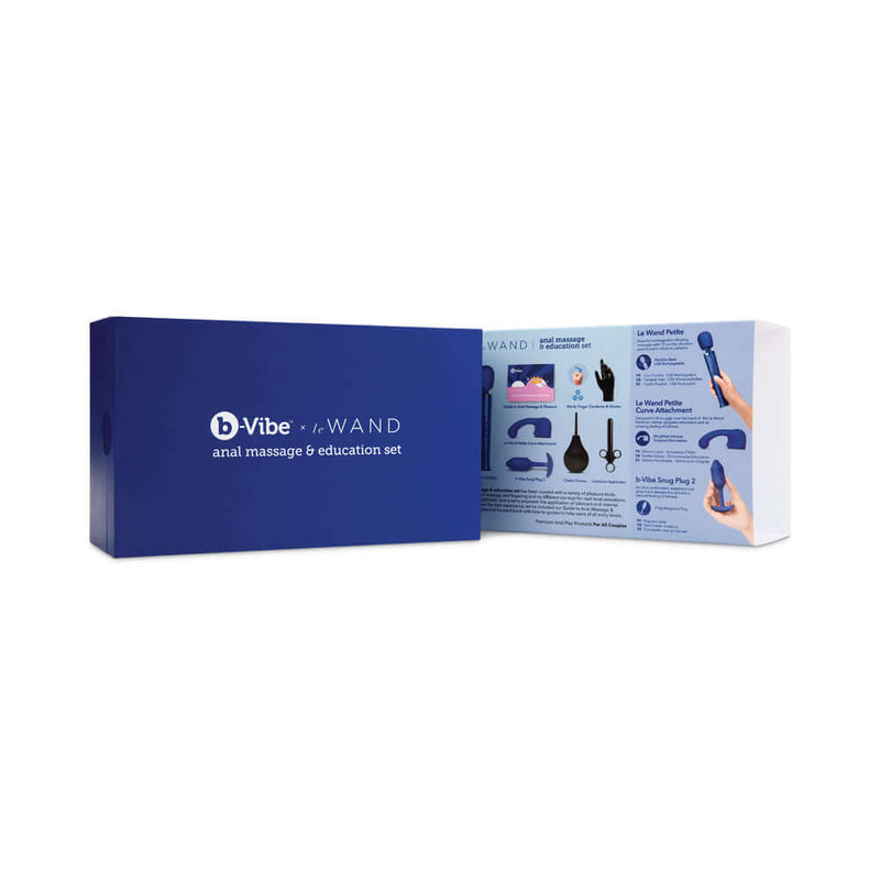 b Vibe Anal Massage and Education Set Blue packaging featuring educational materials and instructions.