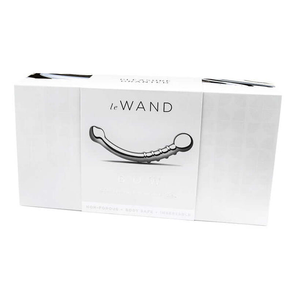 Le Wand Bow Stainless Steel Massager packaging displayed in sleek design with shiny stainless steel accent.