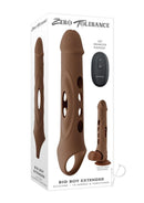 Zero Tolerance Big Boy Vibrating Penis Extension Chocolate packaging with remote control and silicone sleeve design.
