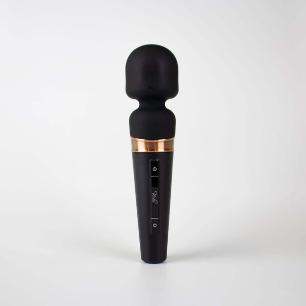 Titan Touch Panel Wand Massager Black with soft head and control buttons for targeted pleasure.