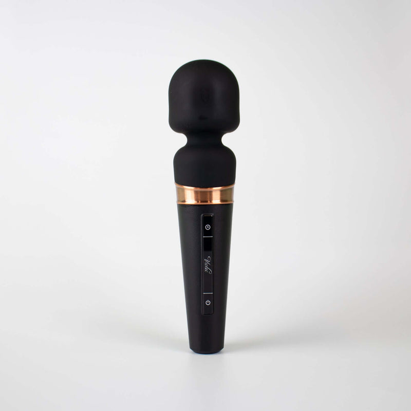 Titan Touch Panel Wand Massager Black with soft head and control buttons for targeted pleasure.