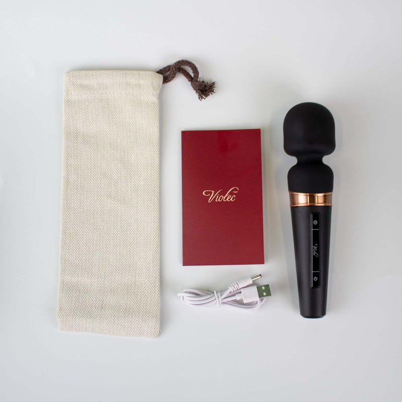 Titan Touch Panel Wand Massager Black, accessories including pouch, manual, and charging cable.