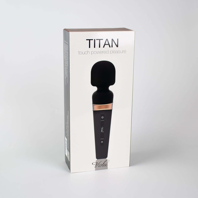 Titan Touch Panel Wand Massager Black packaging showcasing sleek design and features for optimal pleasure.