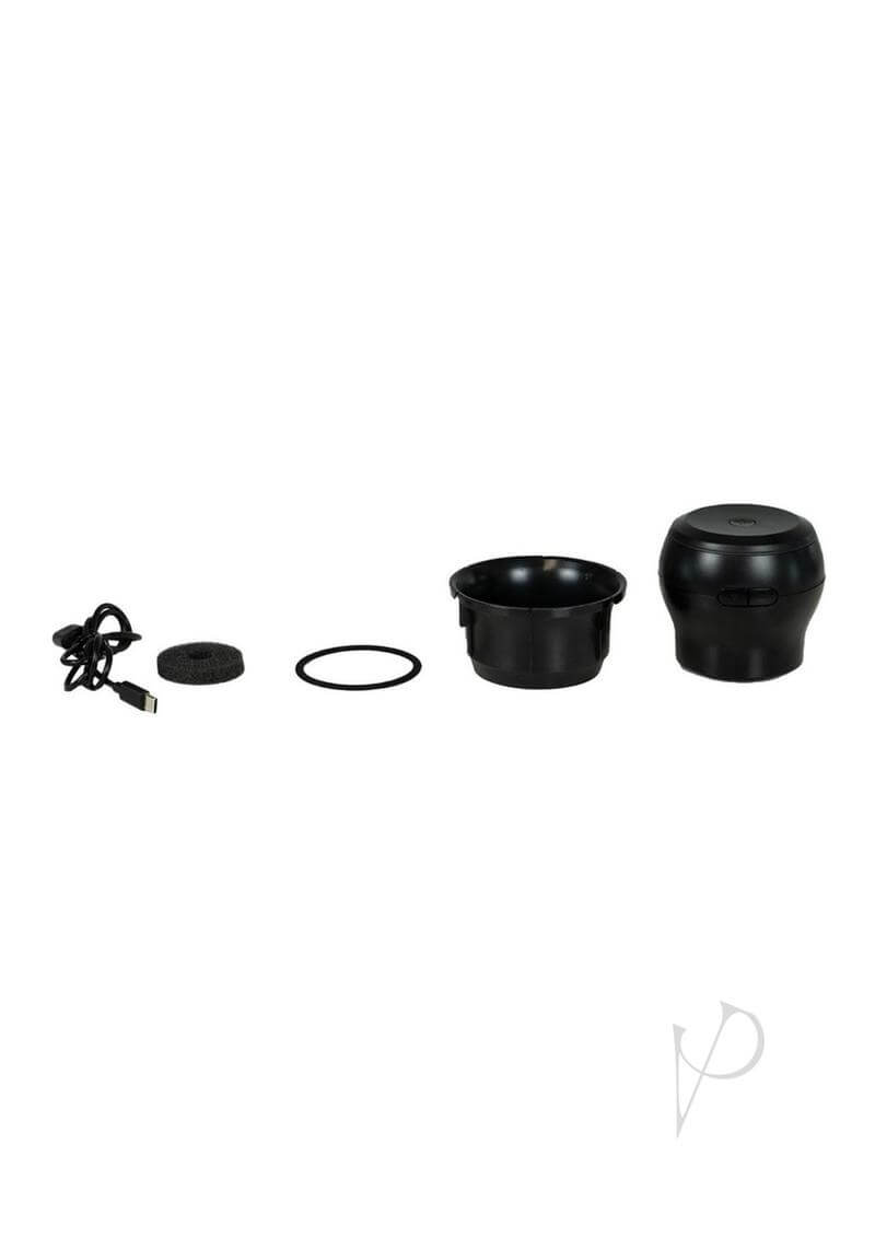 PowerBlow Interactive Suction Device components and accessories laid out in a row, including charger, adapter, ring, and main device.