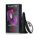 Forto Vibrating Ribbed Anal Plug Remote-Controlled Small Black with packaging showcasing features and functions.
