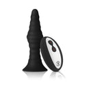 Forto Vibrating Ribbed Anal Plug Remote-Controlled Small Black with remote, features ribbed texture and compact design.
