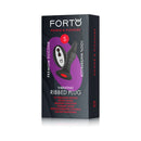 Forto Vibrating Ribbed Anal Plug Remote-Controlled Small Black packaging showcasing waterproof design and features.