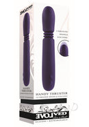 Evolved Handy Thruster Silicone Vibrator Purple packaging showcasing thruster and vibration features.