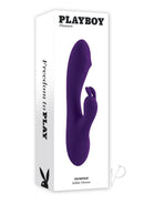 Playboy On Repeat Silicone Rabbit Vibrator Purple packaging showcasing dual stimulation features.