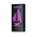 Forto Vibrating Anal Beads Silicone Plug Black packaging showcasing waterproof design and flexible structure.