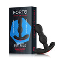 Forto Vibrating Anal Plug Rechargeable Silicone Black next to packaging highlighting silicone material and waterproof features.