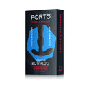 Forto Vibrating Anal Plug Rechargeable Silicone Black packaging showing 20 vibration modes and waterproof features.